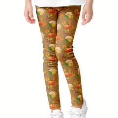Girls' Thanksgiving Leggings with Turkey Pumpkin Dwarf Pattern