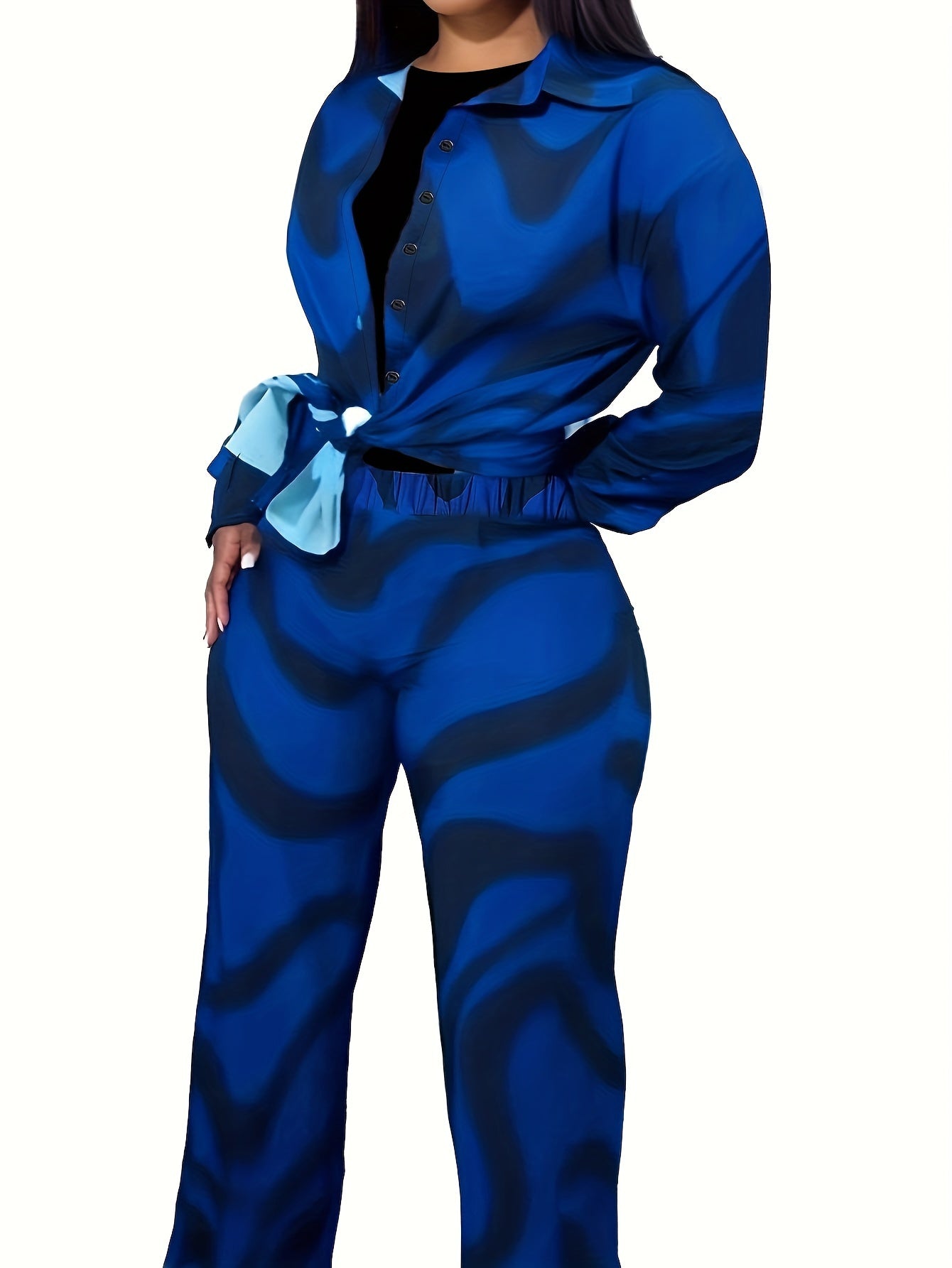 Women's Plus Abstract Stripe Print Shirt & Pants Outfit Set