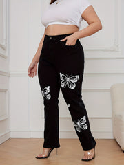 Plus Butterfly Print Button Fly High Rise Stretch Jeans