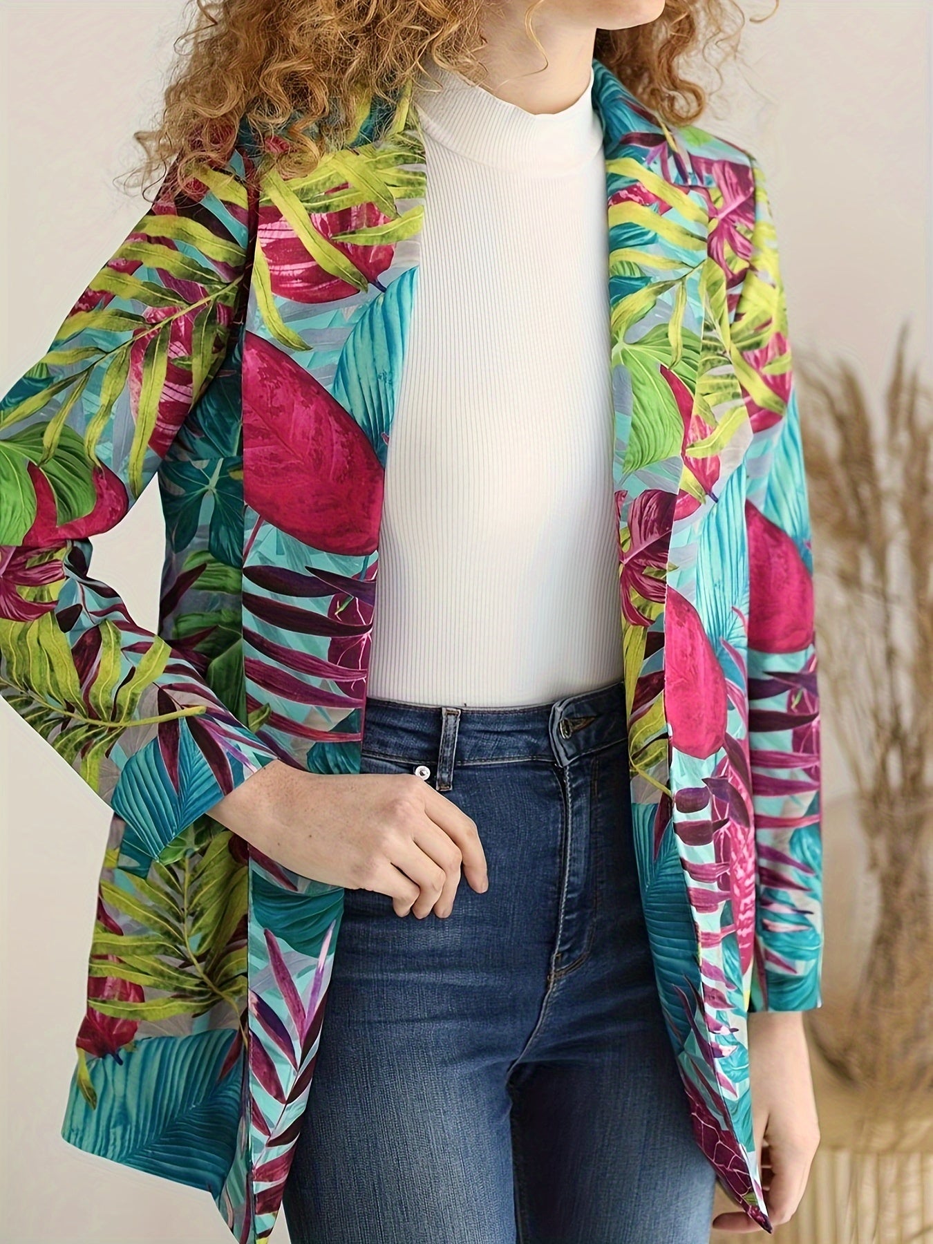 Boho Blazer Women's Plus Tropical Print Lapel Collar Open Front Blazer