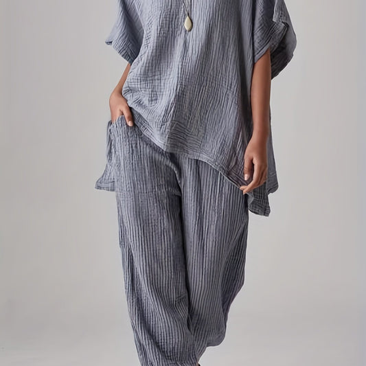 Solid Casual Two piece Set Crew Neck Loose Tops & Elastic Waist Jogger Pants