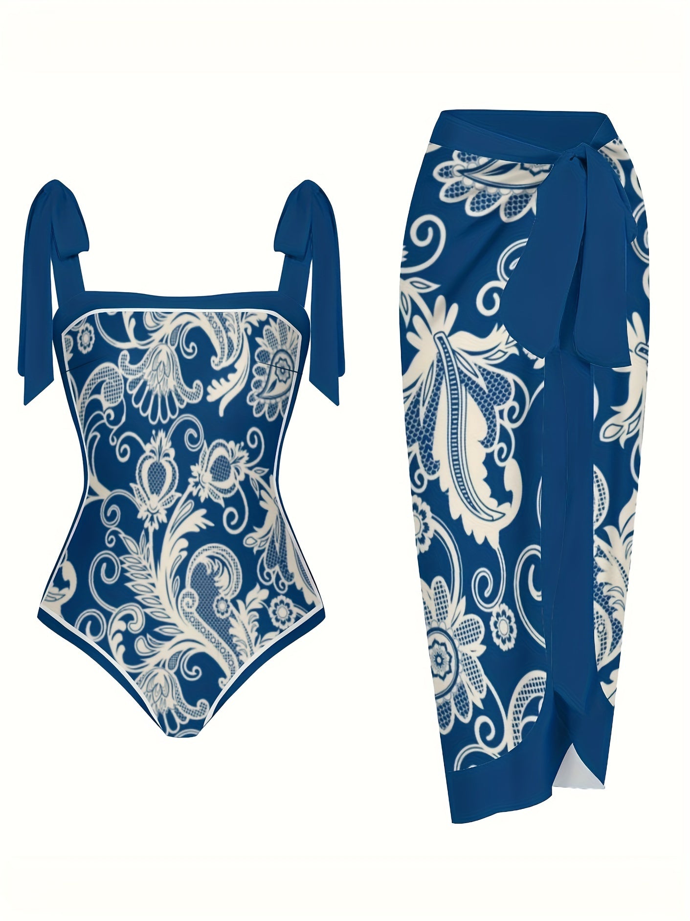 Boho Bikini Set Baroque Print Swimsuit & Cover Up Skirt Two Piece Set
