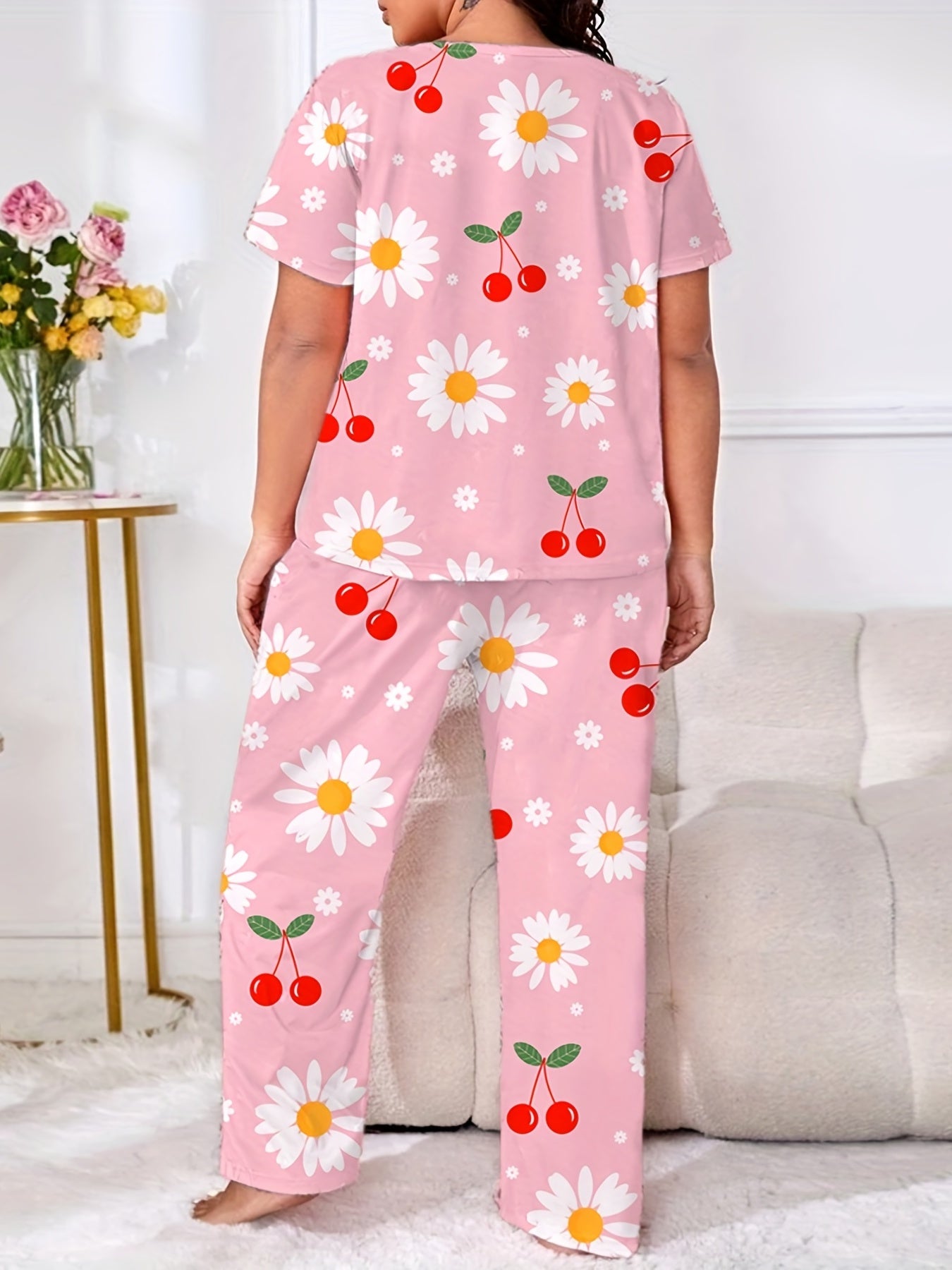 Peach & Stripe Print Two Piece Pajama Set