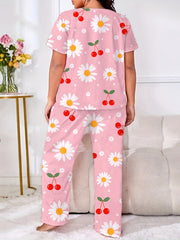 Peach & Stripe Print Two Piece Pajama Set
