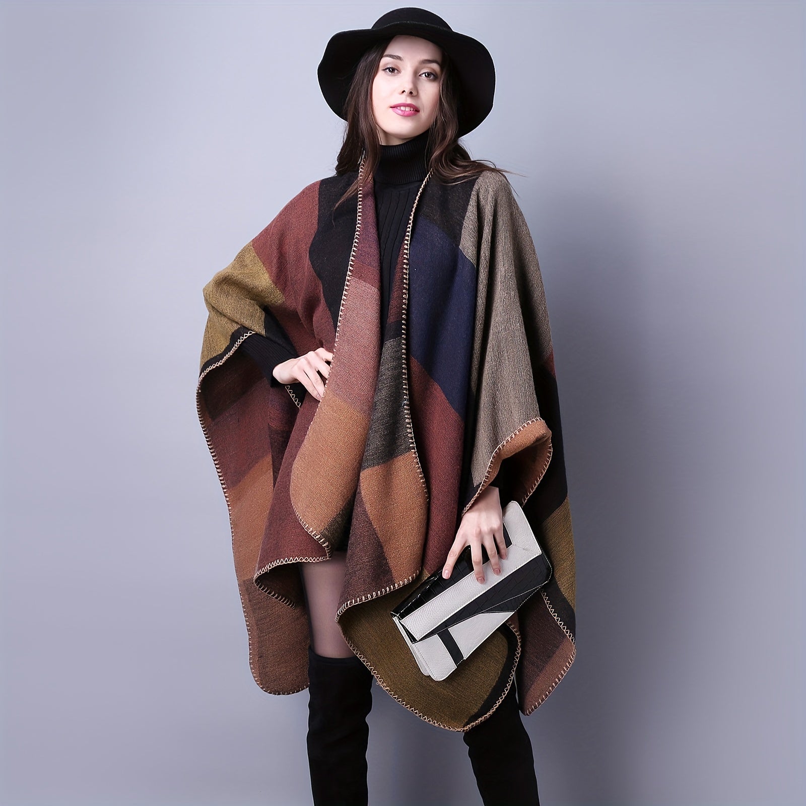 Vintage Block Hoodie Shawls Boho Geometric Jacquard Wrap Large Blanket Poncho