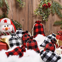 10pcs Christmas Plaid Cotton Burlap Bag Drawstring Pocket Candy Ornament Packagi