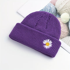 Daisy Embroidery Beanie Solid Skull Cap Lightweight Elastic Warm Knit Hat