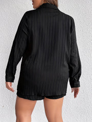 Solid Ribbed Button Up Blouse & Shorts Set