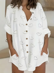 Heart Print Button Up Long Sleeve Stand Collar Mini Shirt Dress