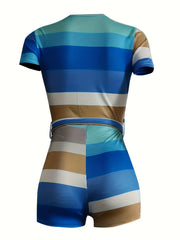 Colorblock Stripe V-Neck Romper with Belt