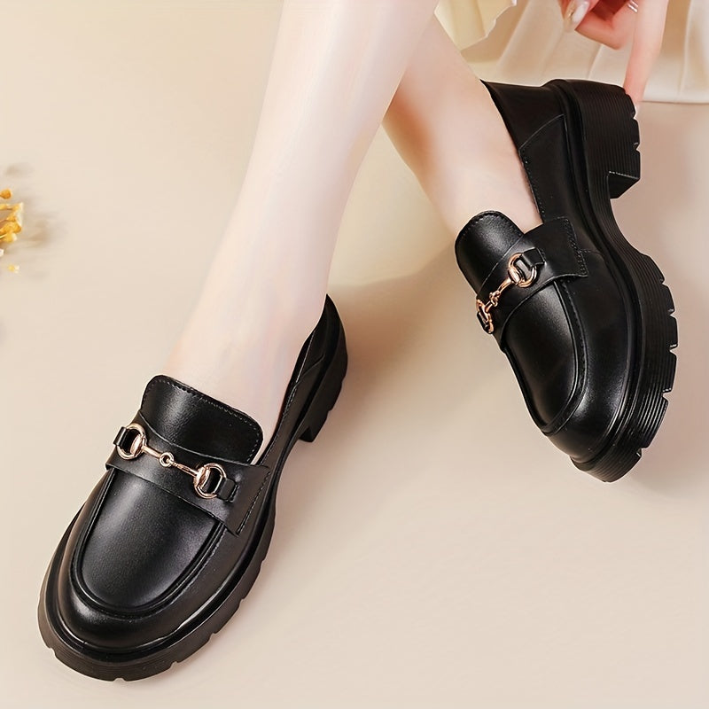Women's Chunky Heel Loafers Buckle Round Toe Slip-On Shoes