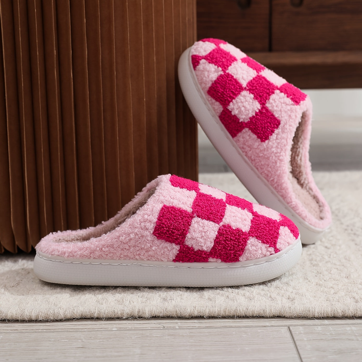 Plaid Memory Foam Slippers Plush Lined Comfortable Indoor Home Shoes