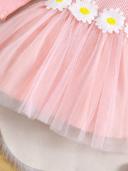 Baby Girls Mesh Dress with 3D Sunflower Decors