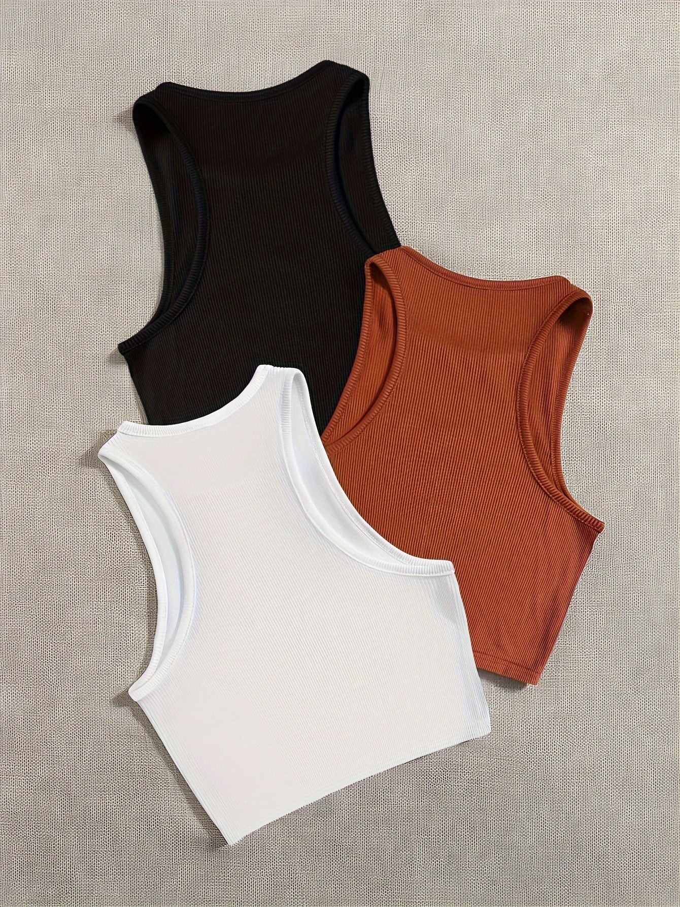 Solid Ribbed Sports Tank Top Round Neck Sleeveless Top