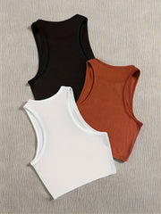 Solid Ribbed Sports Tank Top Round Neck Sleeveless Top