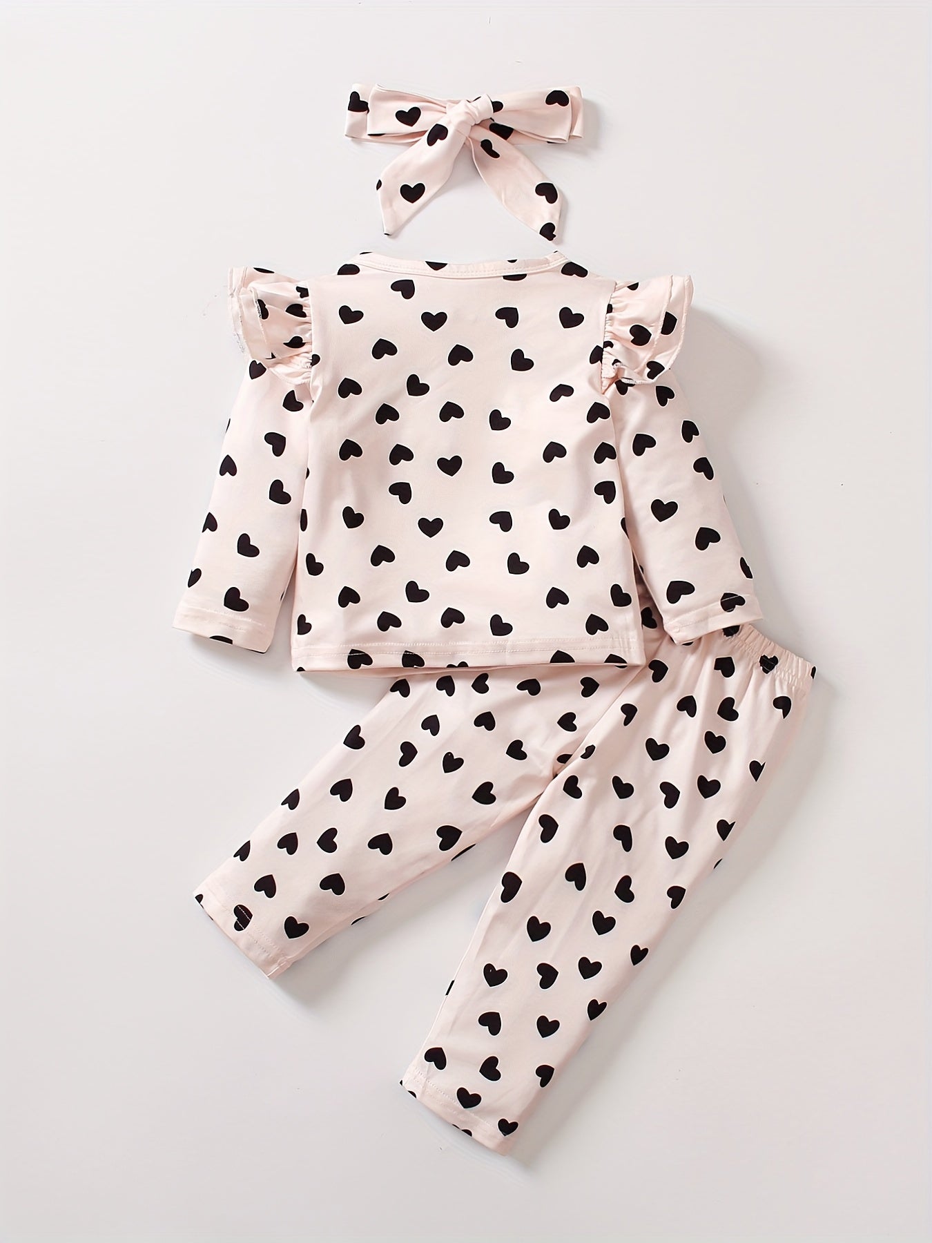 Toddler Girls Heart Print Outfit Ruffle Sleeve T shirt & Trousers & Headband