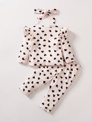 Toddler Girls Heart Print Outfit Ruffle Sleeve T shirt & Trousers & Headband