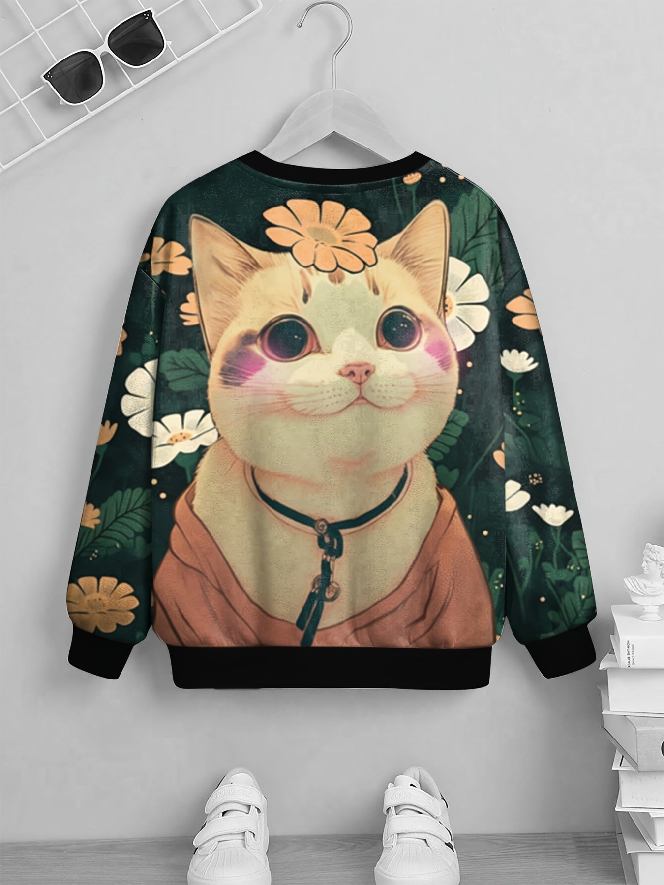 Floral & Cat Print Kid's Sweatshirt Unisex Pullover Casual Top