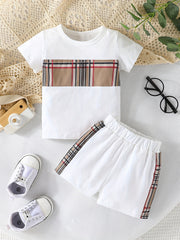 2pcs Baby Boys Plaid T shirt & Shorts Set