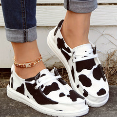 Cow Pattern Low Top Boat Shoes Lace Up Slip On Casual Canvas Shoes