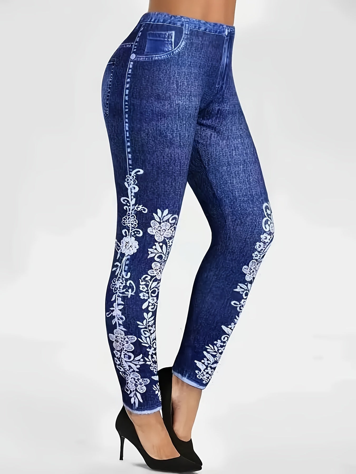 Floral Denim Print Leggings High Waist Workout Leggings