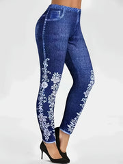 Floral Denim Print Leggings High Waist Workout Leggings