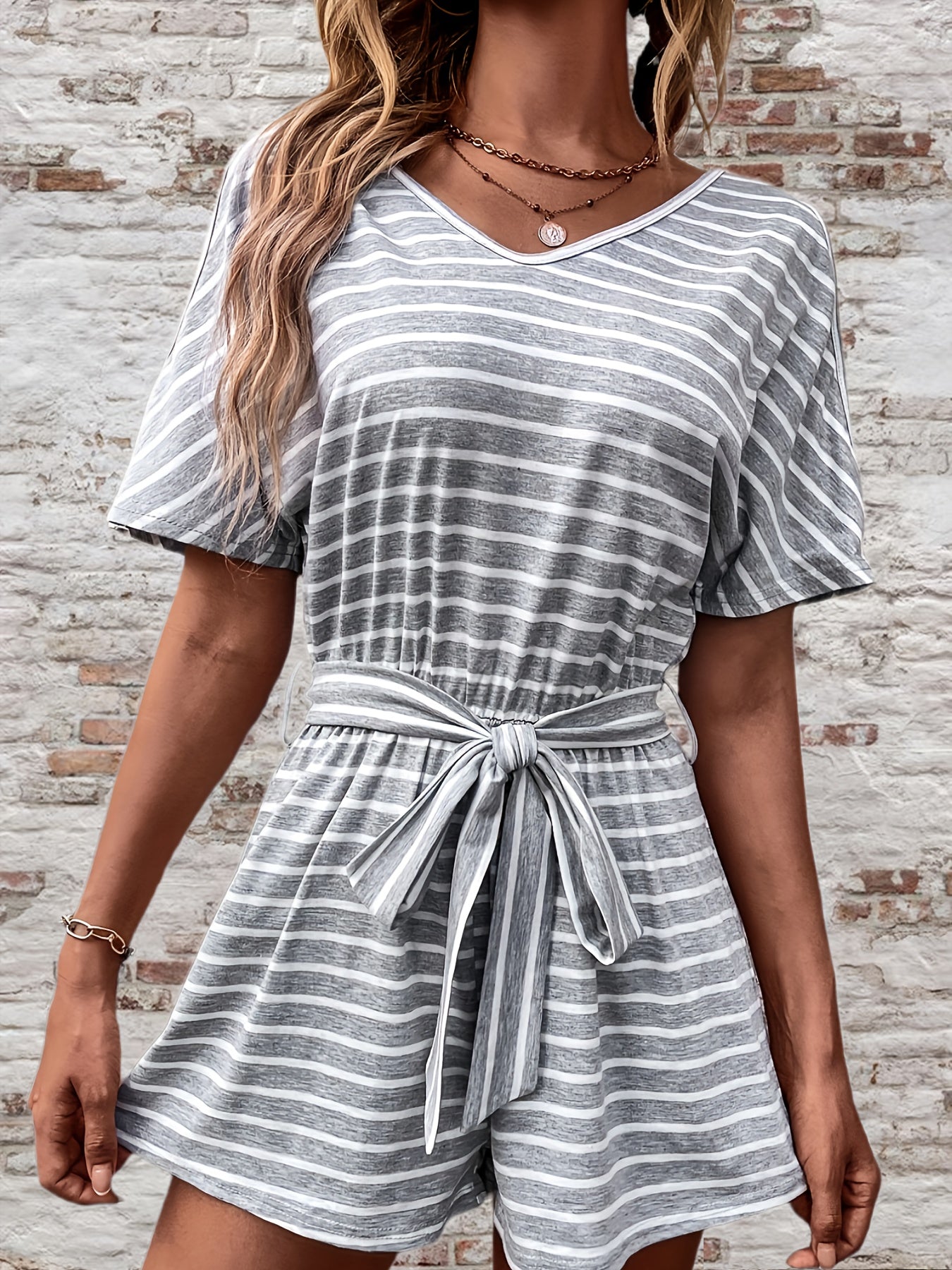 Striped Split Short Sleeve Romper Casual V Neck Wide Leg Romper