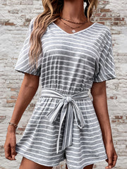 Striped Split Short Sleeve Romper Casual V Neck Wide Leg Romper