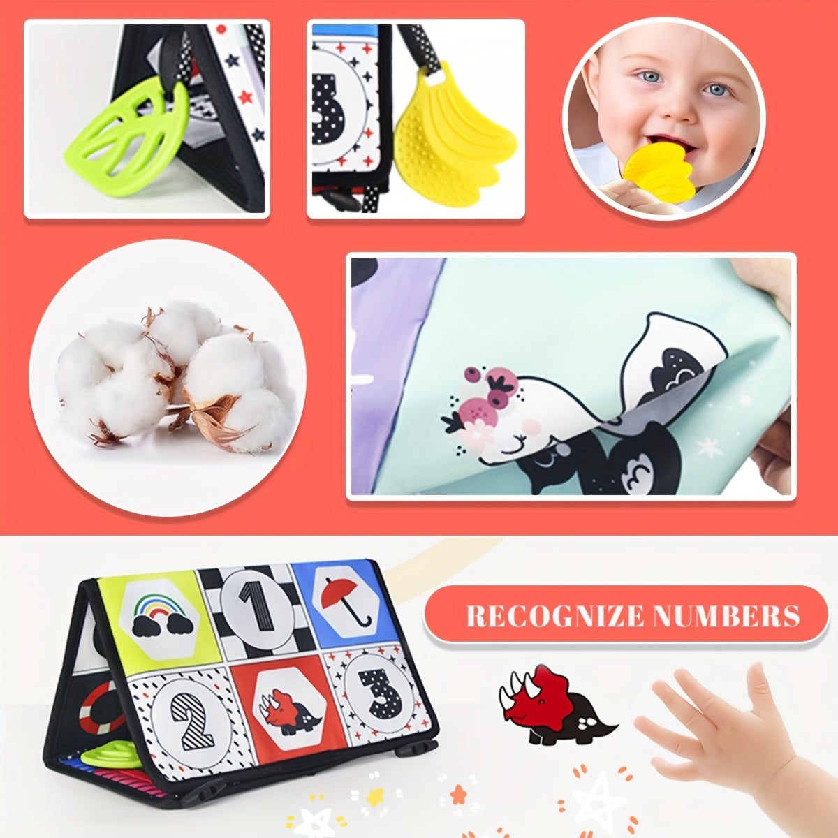3-in-1 Sensory Mirror Cloth Book for Babies High Contrast Visual Stimulation Toy