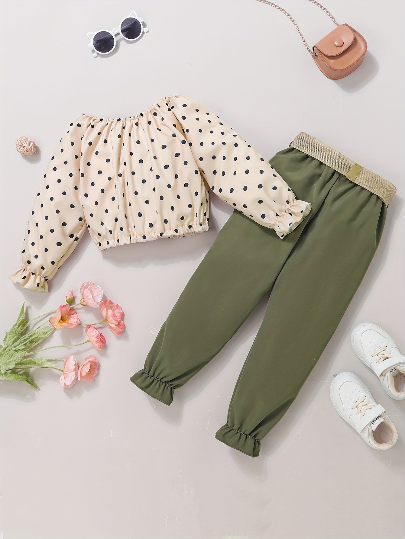 Girl's Polka Dots Top & Belted Pants Set for Spring Fall
