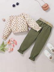 Girl's Polka Dots Top & Belted Pants Set for Spring Fall