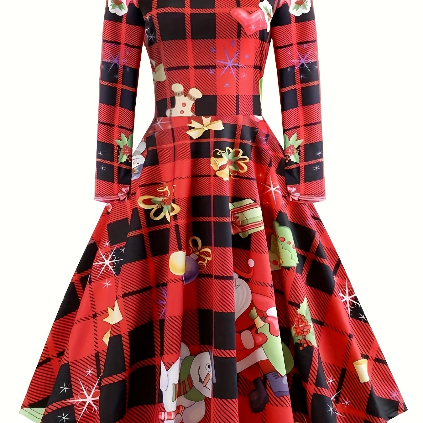 Christmas Dress Women's Plus Plaid Snowman Print Long Sleeve Round Nec