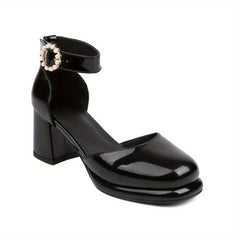 Women's Chunky Heels Pearl Strap Pumps Faux Leather