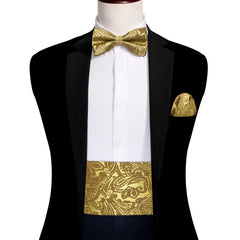 Barry Wang Men's Golden Cummerbund Bowtie Set Silk Paisley Floral