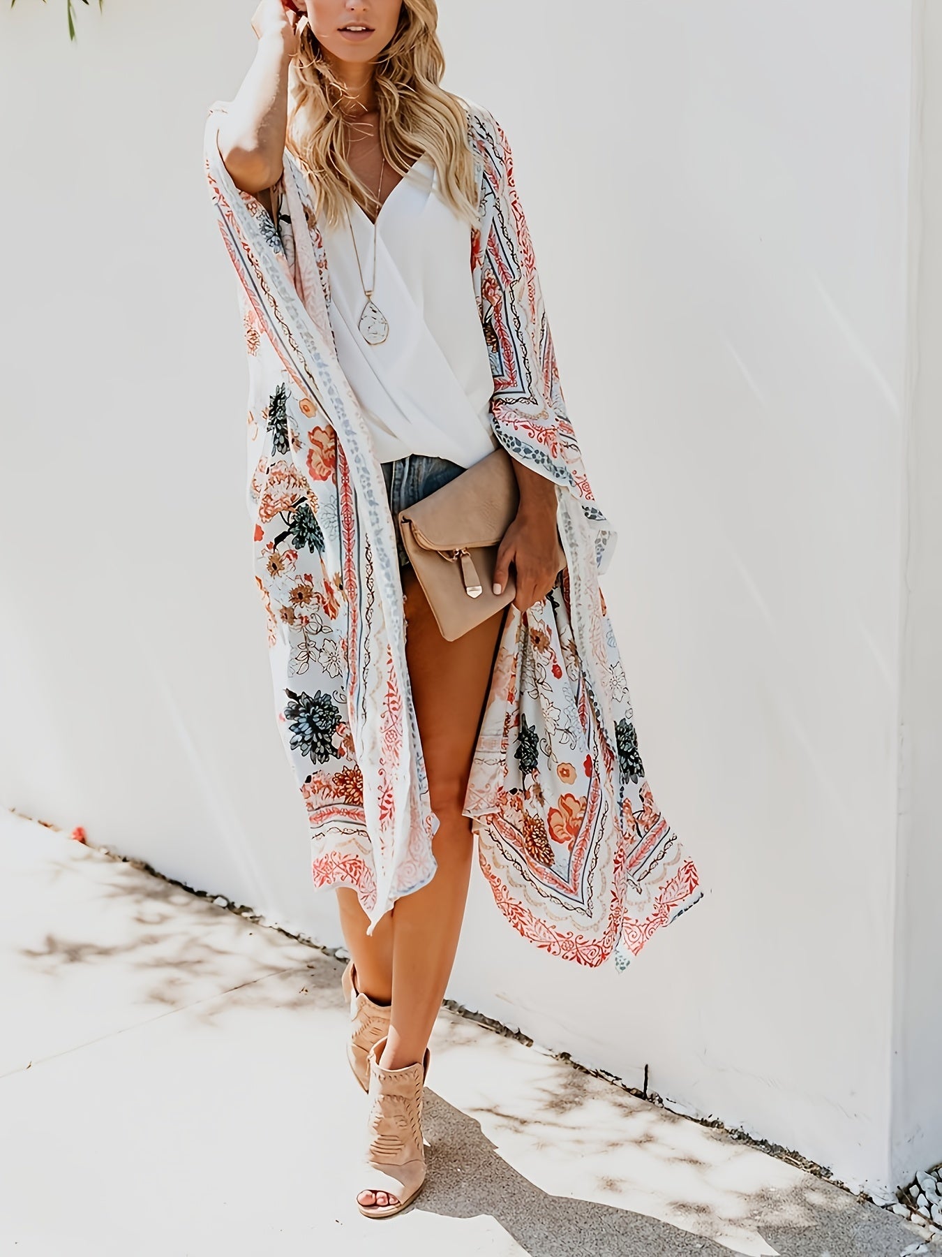 Floral Print V Neck Robes Loose Fit Non Stretch Kimono