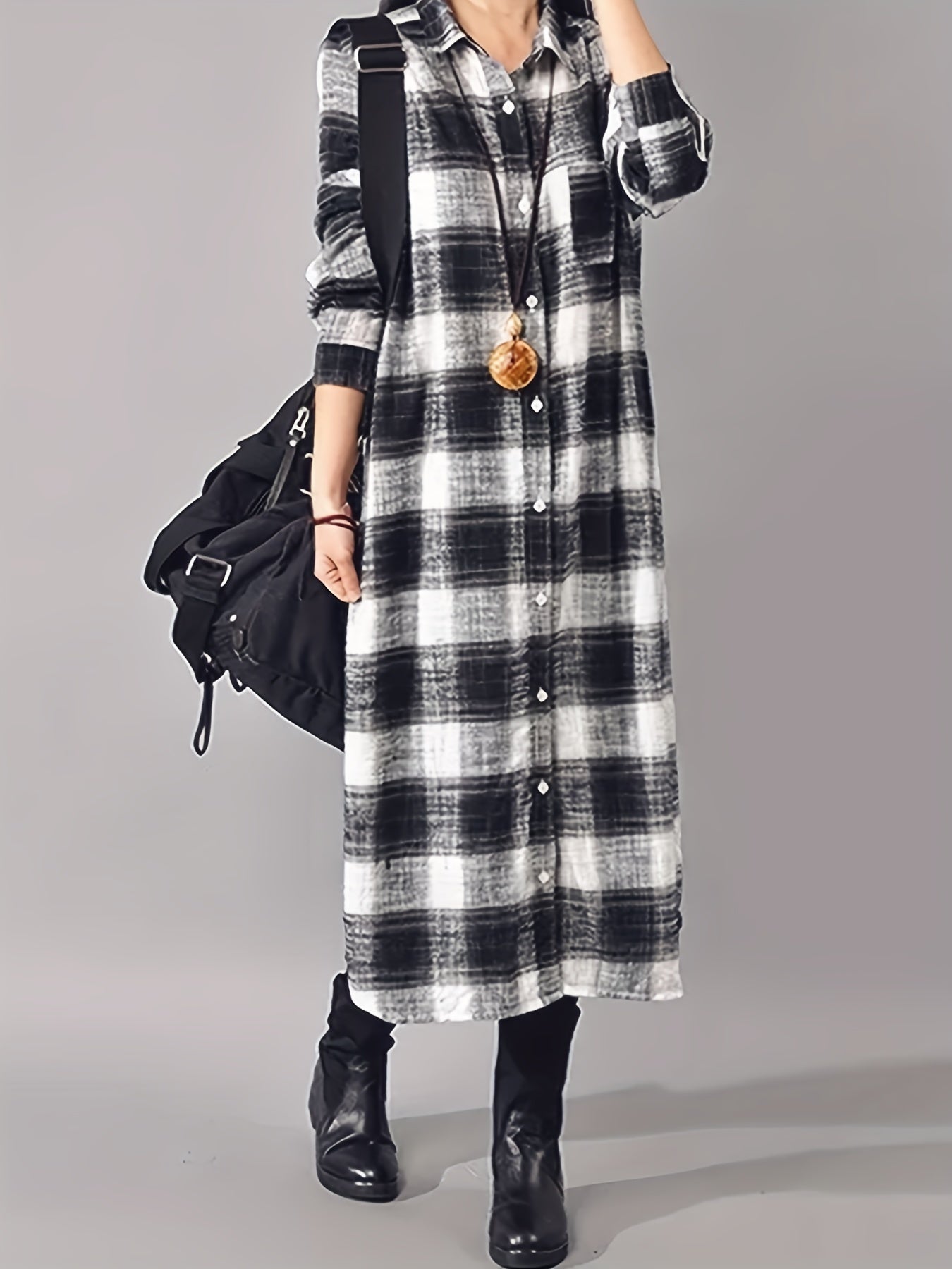 Gingham Print Polo Neck Shirt Dress