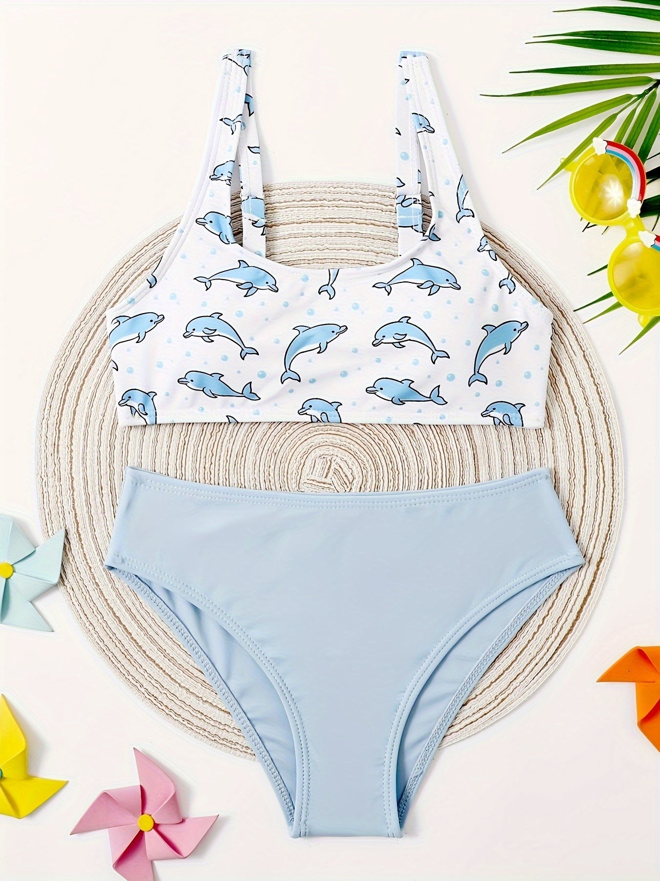 Girls Dolphin Graphic Top Solid Briefs Set for Hawaii Vacation