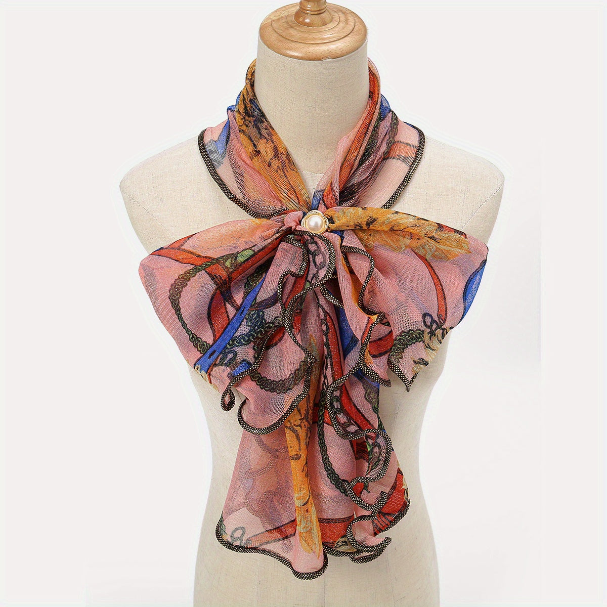 Vintage Print Scarf Bow Neck Wrap Faux Pearl Pendant