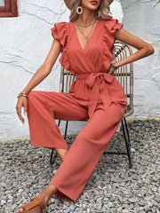 Ruffle Trim Tie Waist Jumpsuit Solid V neck Straight Leg Jumpsuit