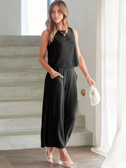 Casual Solid Two piece Set Sleeveless Top & Wide Leg Pants Outfits