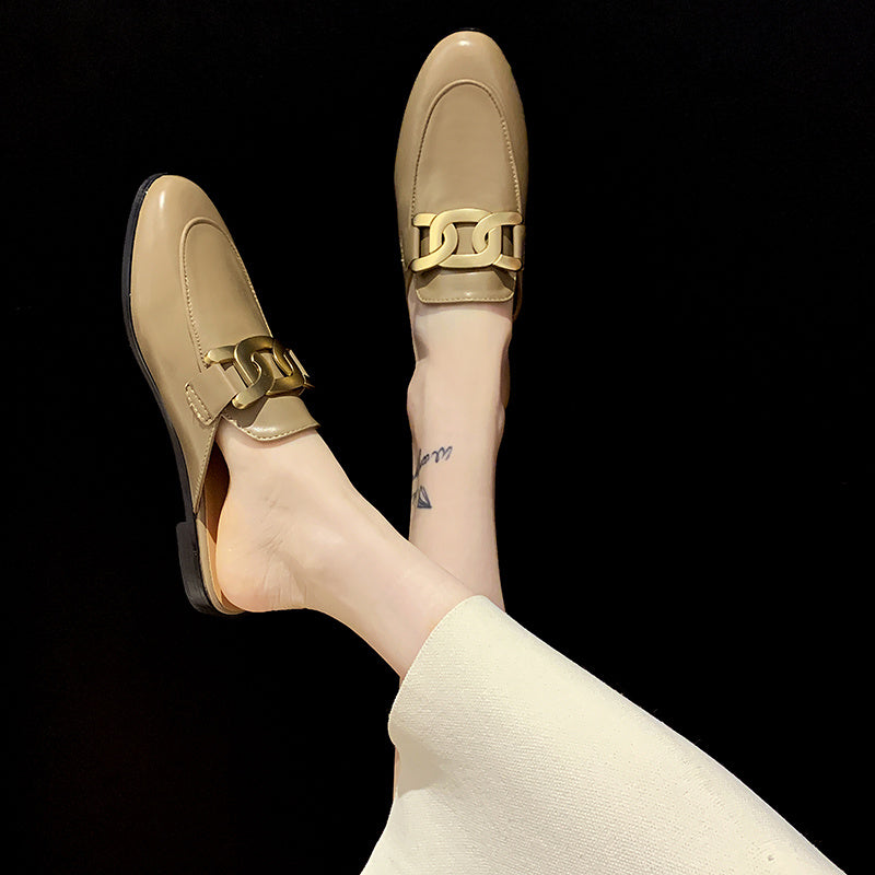 Metal Decor Flat Mules Closed Toe Slip-On Shoes for Women