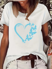 Butterfly & Heart Graphic T-shirts Crew Neck Short Sleeve Tee