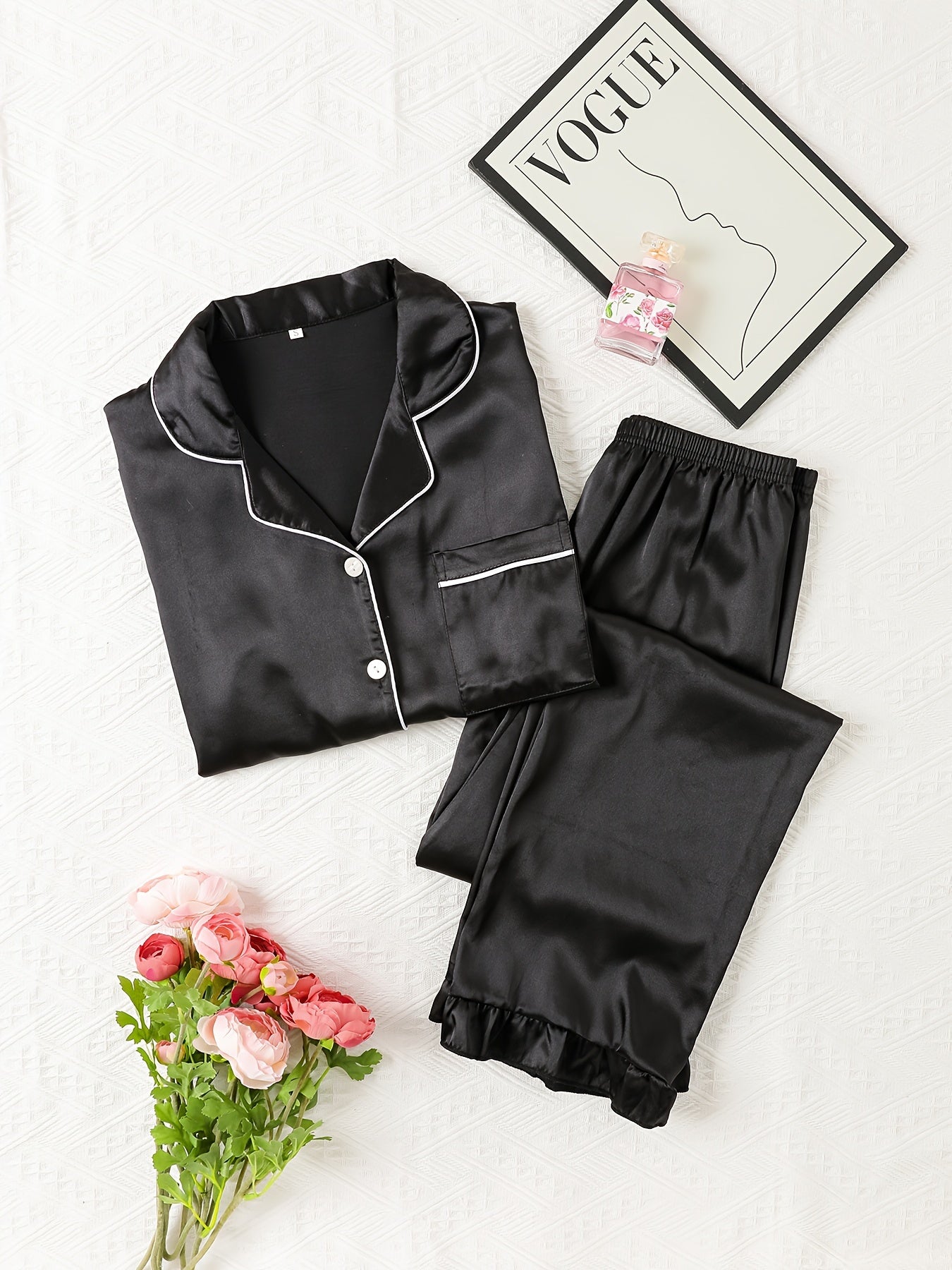 Satin Pajama Set Short Sleeve Top & Elastic Waist Pants Women's Sleepwear