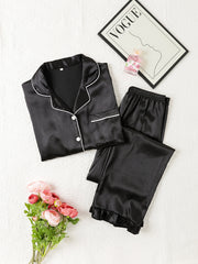 Satin Pajama Set Short Sleeve Top & Elastic Waist Pants Women's Sleepwear