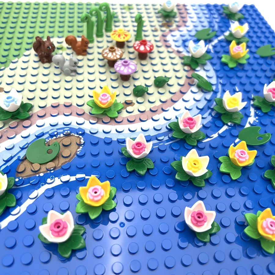 DIY MOC Pond Building Blocks Set with Lotus Water Plants Frog Squirrel Mushroom