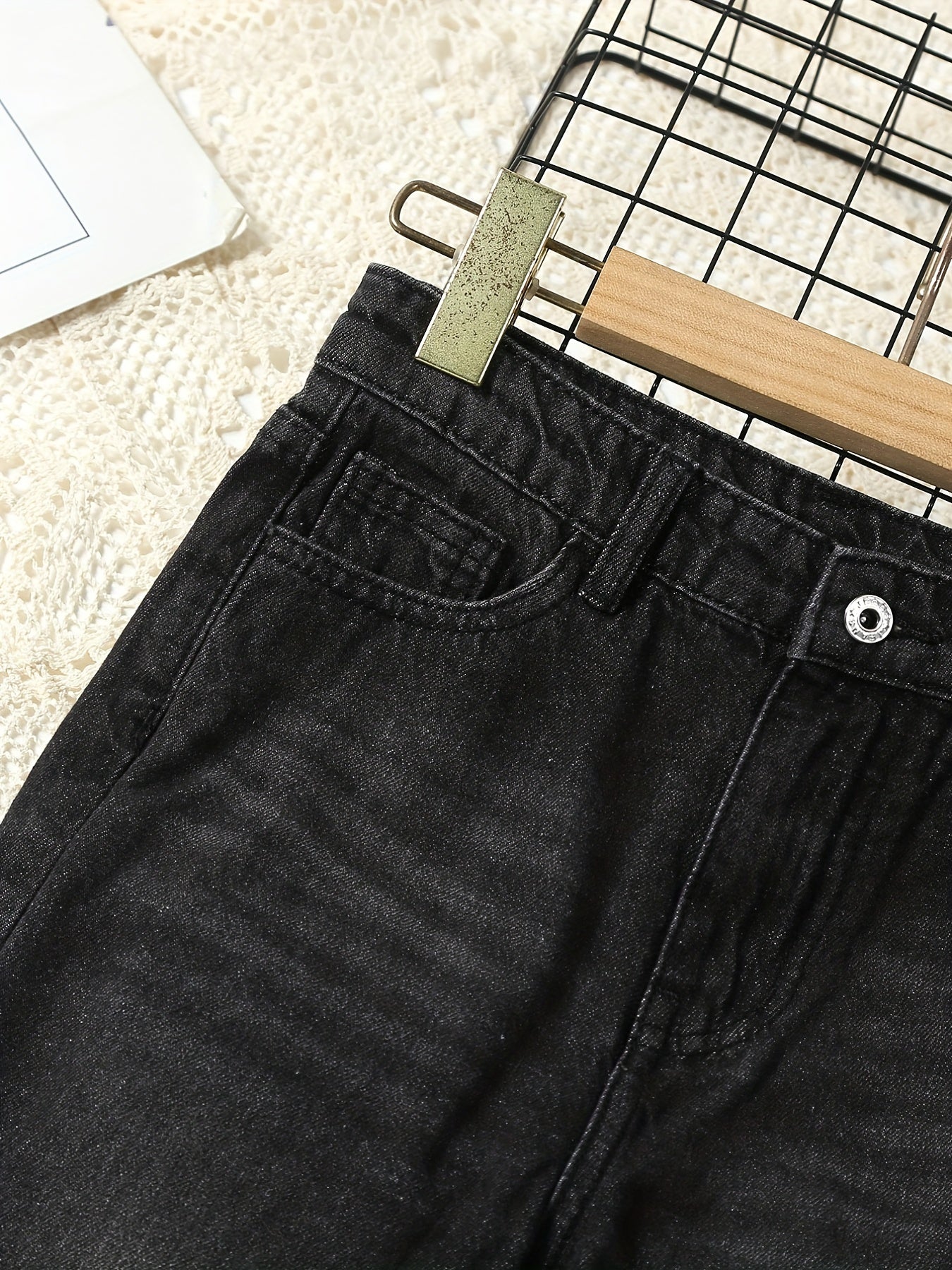 Girls' Ripped Straight Leg Retro Jeans Solid Fit Denim Pants