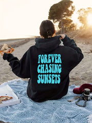 Sunset Print Hoodie Long Sleeve Drawstring Casual Sweatshirt Women