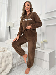 Letter Print Pajama Set Hooded Top & Pants Women's Sleepwear