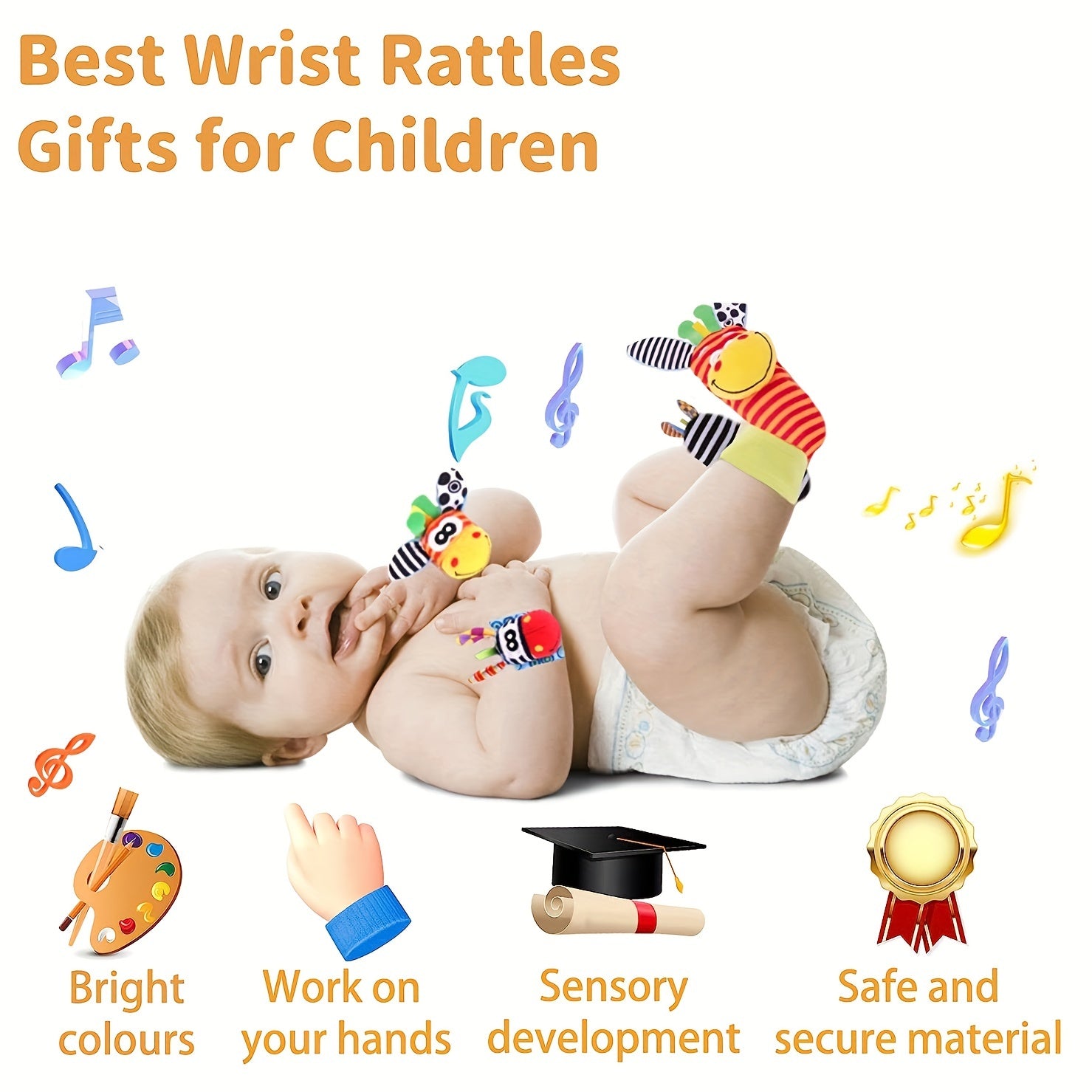 4 Pairs Baby Wrist Rattles Sock Toys Newborn Baby Sock Toys 0-6 Months