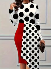 Colorblock Dot Print Long Sleeve Round Neck Bodycon Midi Dress